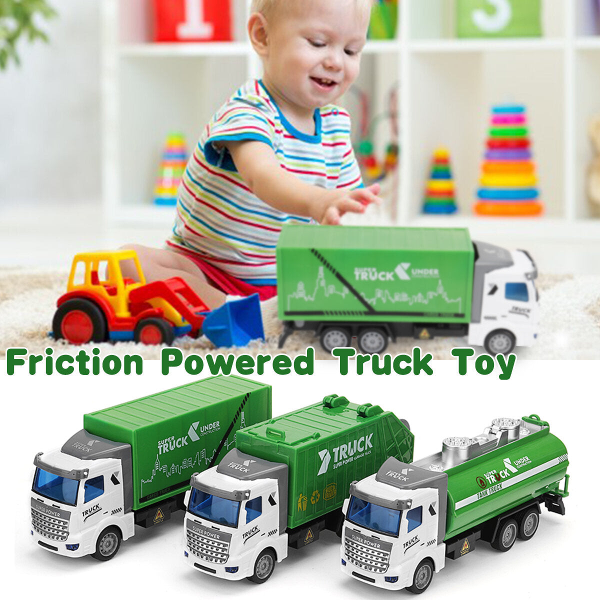 1: 48 Green Sprinkler / Container / Garbage Truck Flat Head Recycling Sanitation Truck Toys