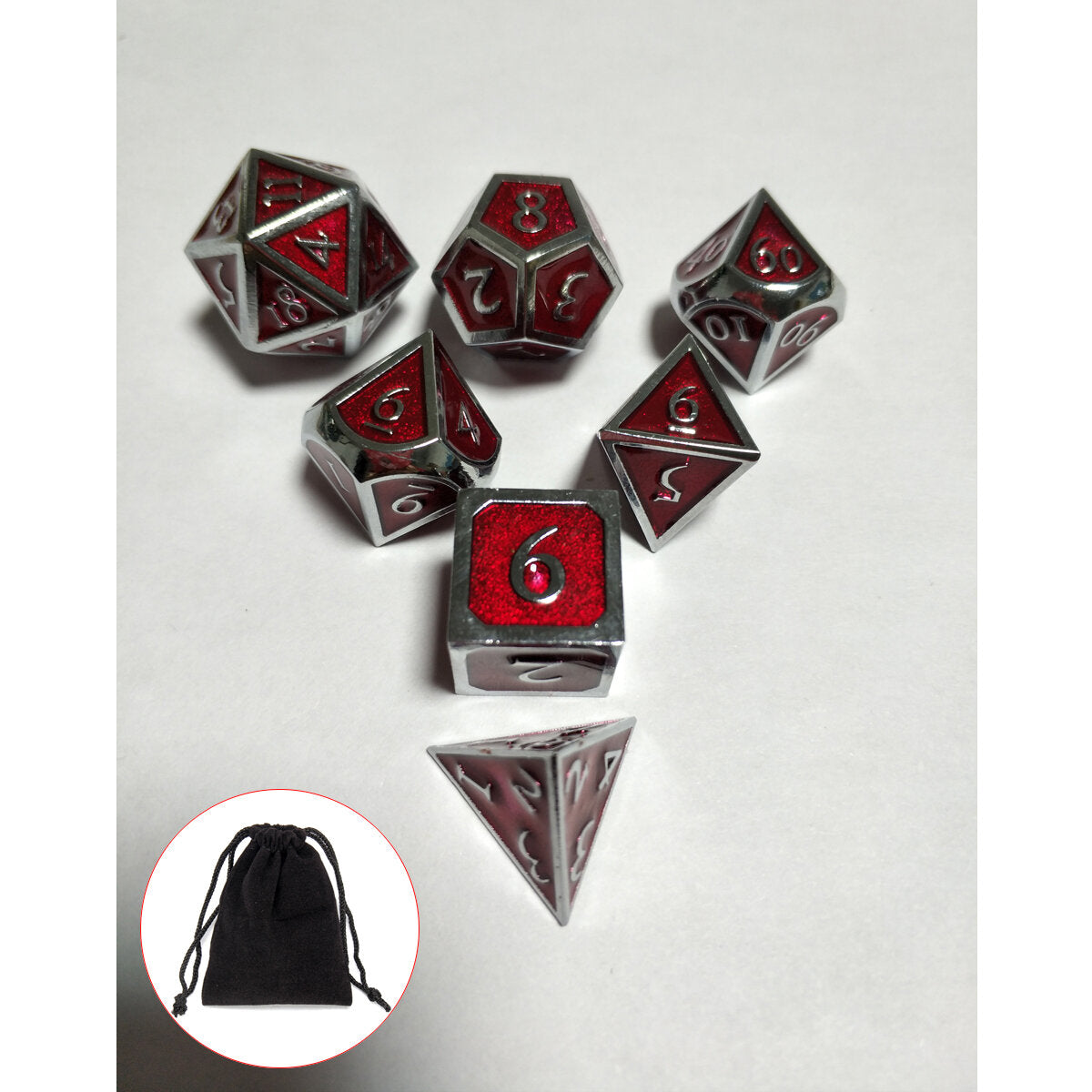 7Pcs Embossed Heavy Metal Polyhedral Dice DND RPG MTG Role Playing Game With Storage Bag
