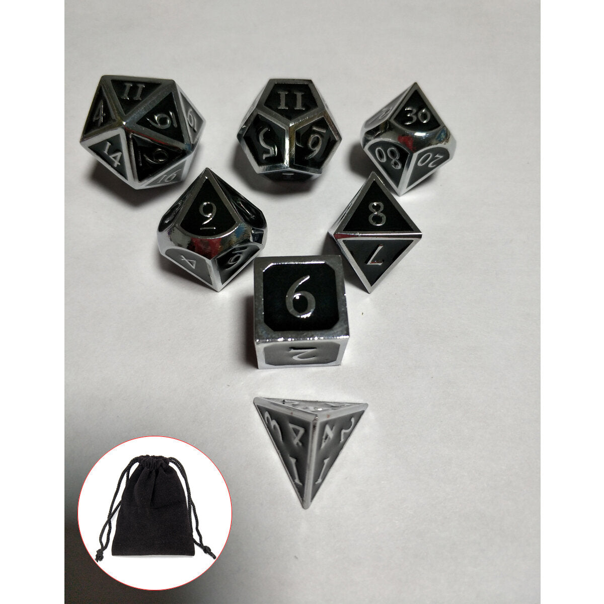 7Pcs Embossed Heavy Metal Polyhedral Dice DND RPG MTG Role Playing Game With Storage Bag