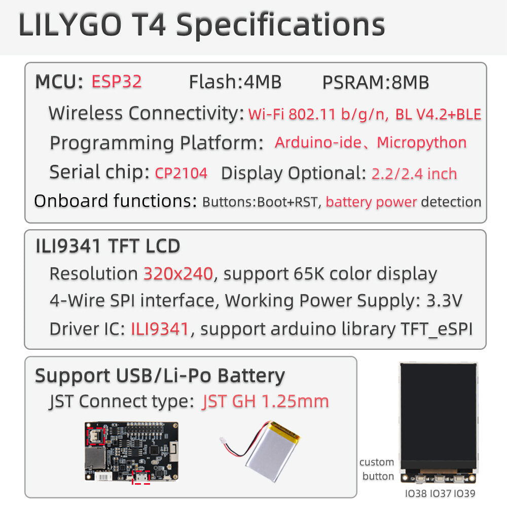 LILYGO TTGO T4 V1.3 ILI9341 2.4 inch LCD Display Backlight Adjustment CH9102F ESP32 Development Board WIFI Wireless Bluetooth Module