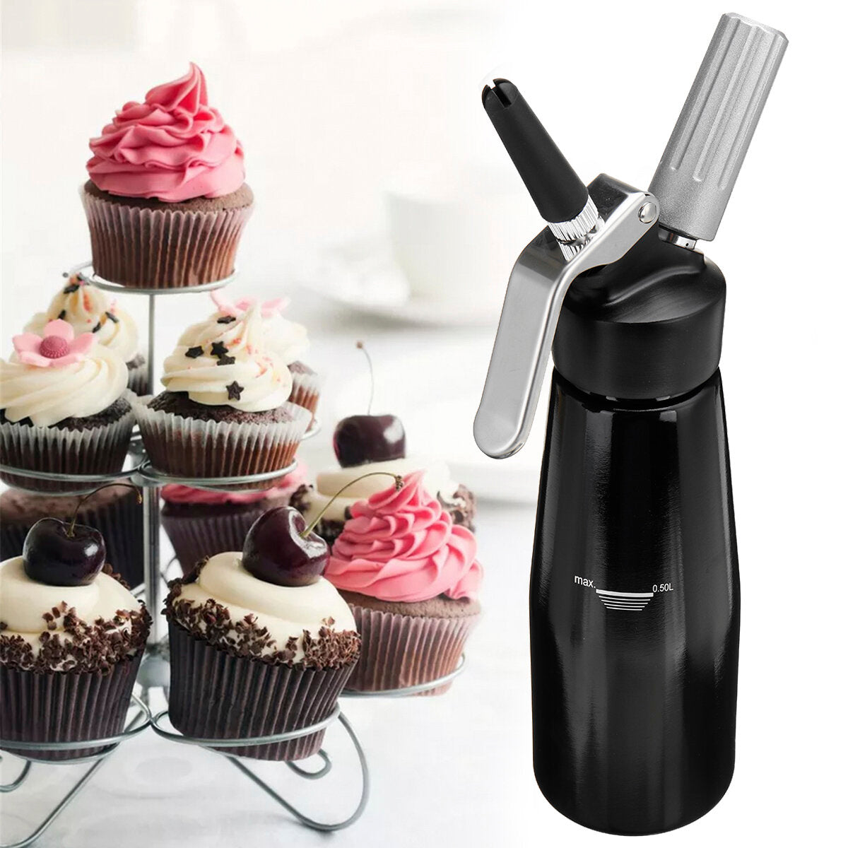 500ml Whipped Cream Dispenser Whipper Cracker Attachen Nozzles Desserts Maker Kitchen Bakeware Tool