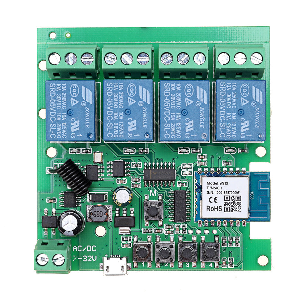 EACHEN Tuya 433RF WiFi 4-way Relay Module Momentary/Self-lock/Interlock Switch Module with Remote Control