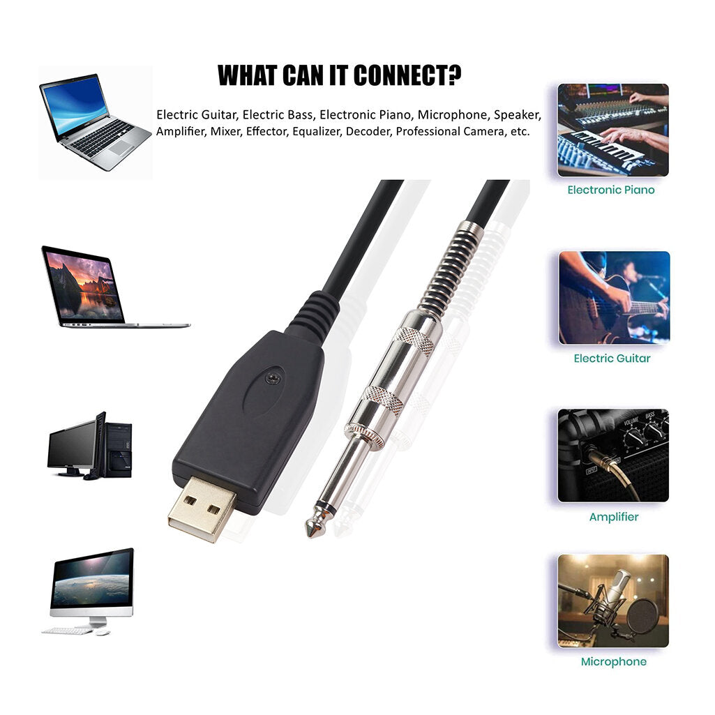 REXLIS US48S USB To 6.35mm Electric Guitar Bass Cable Single Track PC Instrument Cable Audio Adapter Converter USB Guitar Cable 2/3m