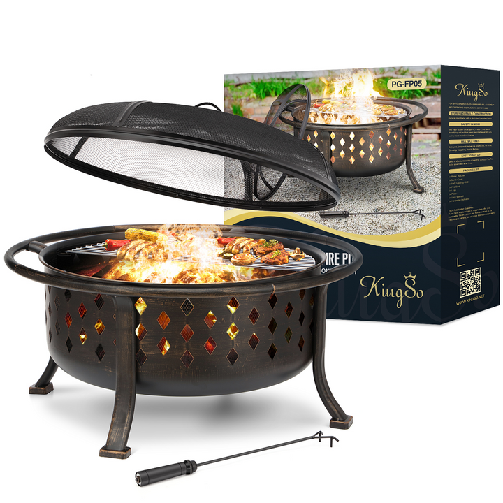 Kingso 36 Inch Fire Pit Bronze Round Steel Wood Burning Firepit with Porker Spark Screen