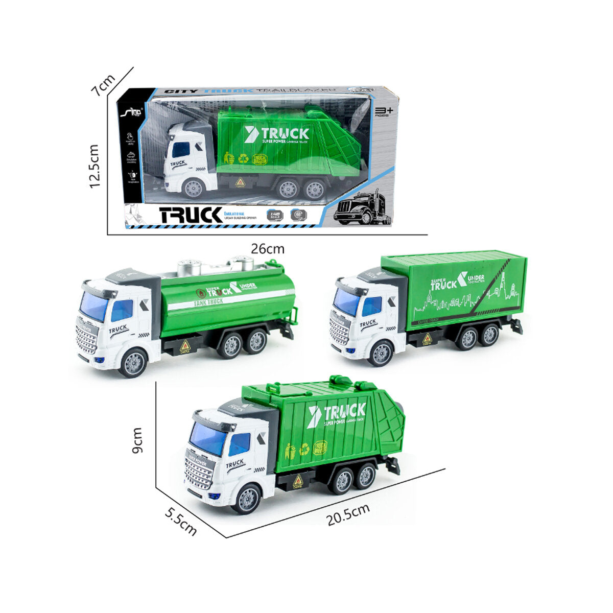 1: 48 Green Sprinkler / Container / Garbage Truck Flat Head Recycling Sanitation Truck Toys