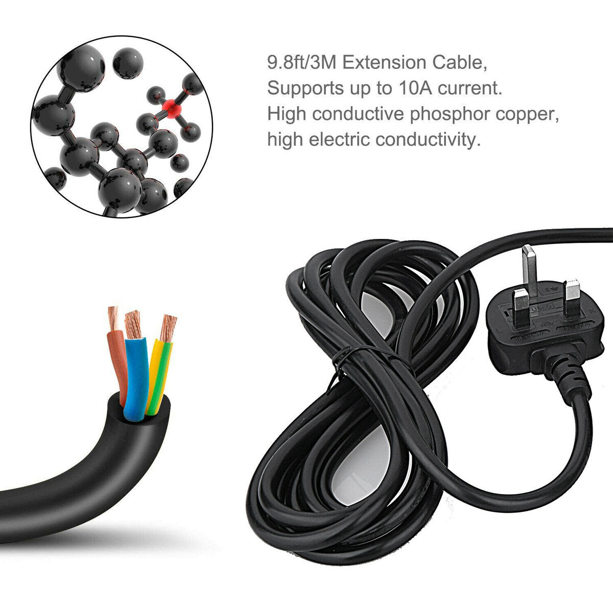 3m Extension Lead Cable Surge Protected Tower Power Socket