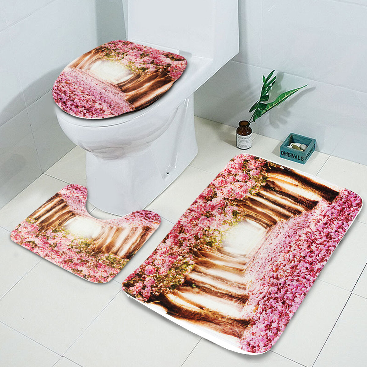 3pcs/set Sakura Pattern Home Bathroom Non-slip Pedestal Rug