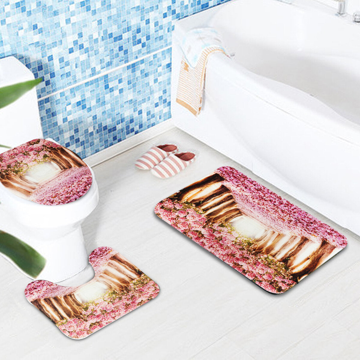 3pcs/set Sakura Pattern Home Bathroom Non-slip Pedestal Rug