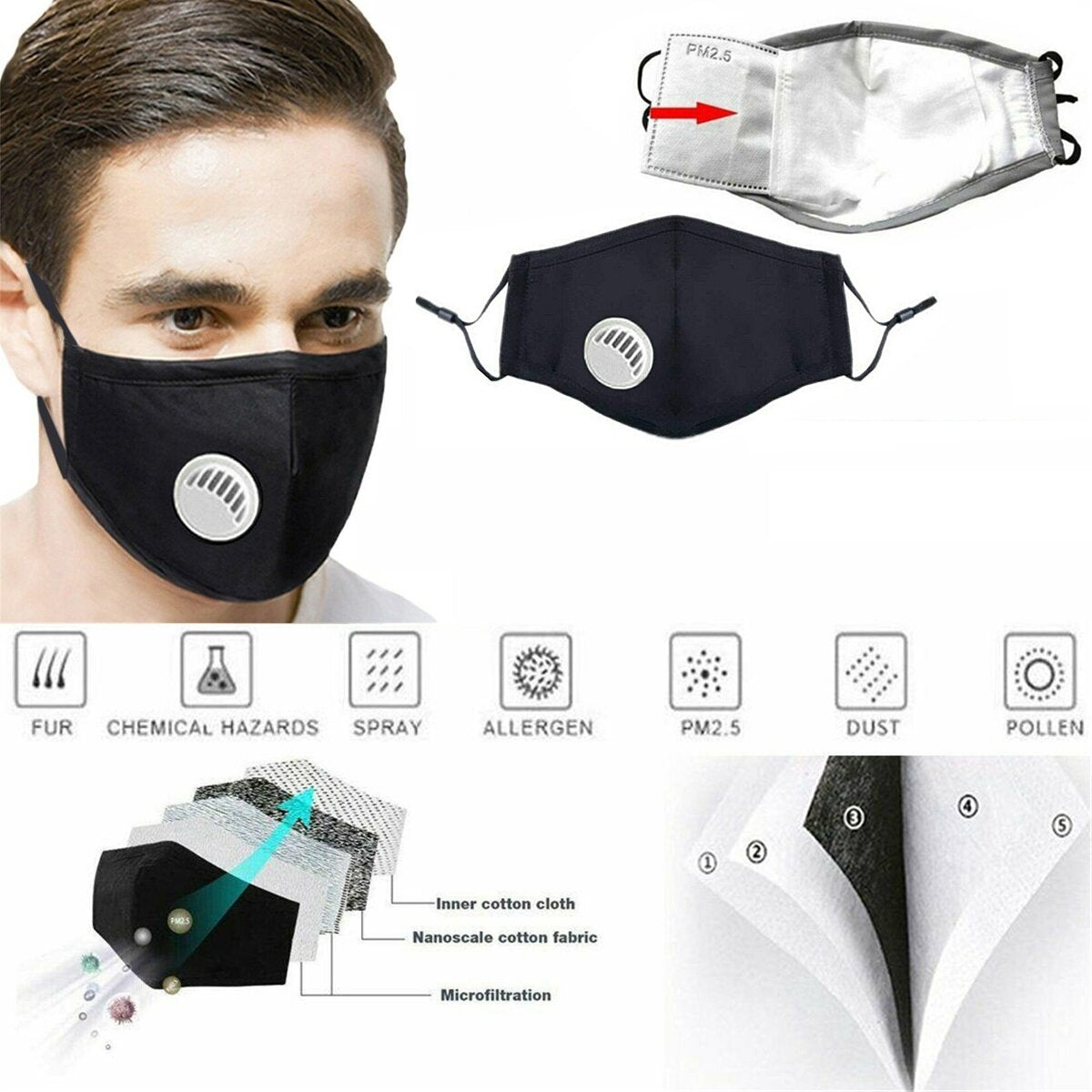 Air Purifying Face Mask In Cotton Pm2.5 Filter Anti Dust Fog