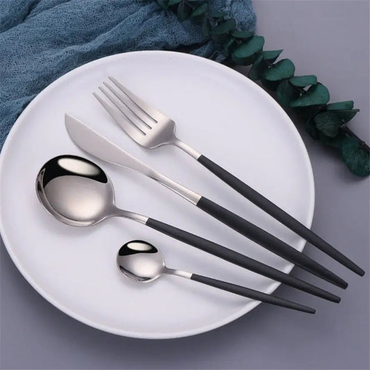 Black Silver Fork Spoon Set: Silverware Tableware