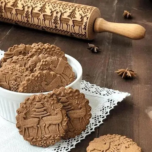 Christmas Rolling Pins: Wooden Embossing Baking Cookies