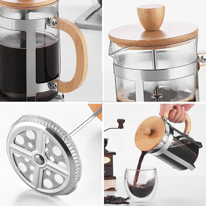 French Coffee Heat-Resistant Filter Presses Coffee Maker Pot Glass Pots Hollow Coffee Tea Teapots with Wooden Handle VORDEO