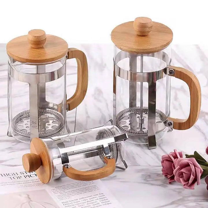 French Coffee Heat-Resistant Filter Presses Coffee Maker Pot Glass Pots Hollow Coffee Tea Teapots with Wooden Handle VORDEO