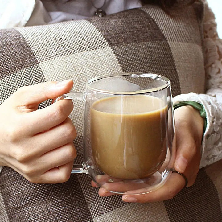Double Wall Glass Mug Heat Resistant Handle Coffee Juice Cup
