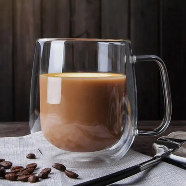 Double Wall Glass Mug Heat Resistant Handle Coffee Juice Cup