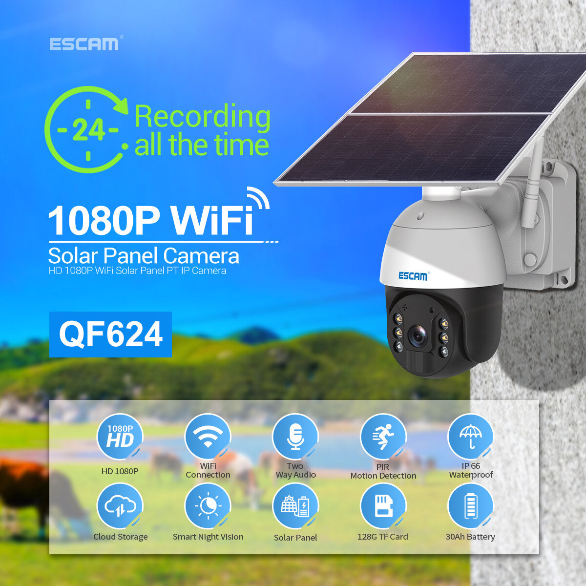Escam Qf624 Hd 1080p Wifi Solar Panel Pt Ip Camera Cloud