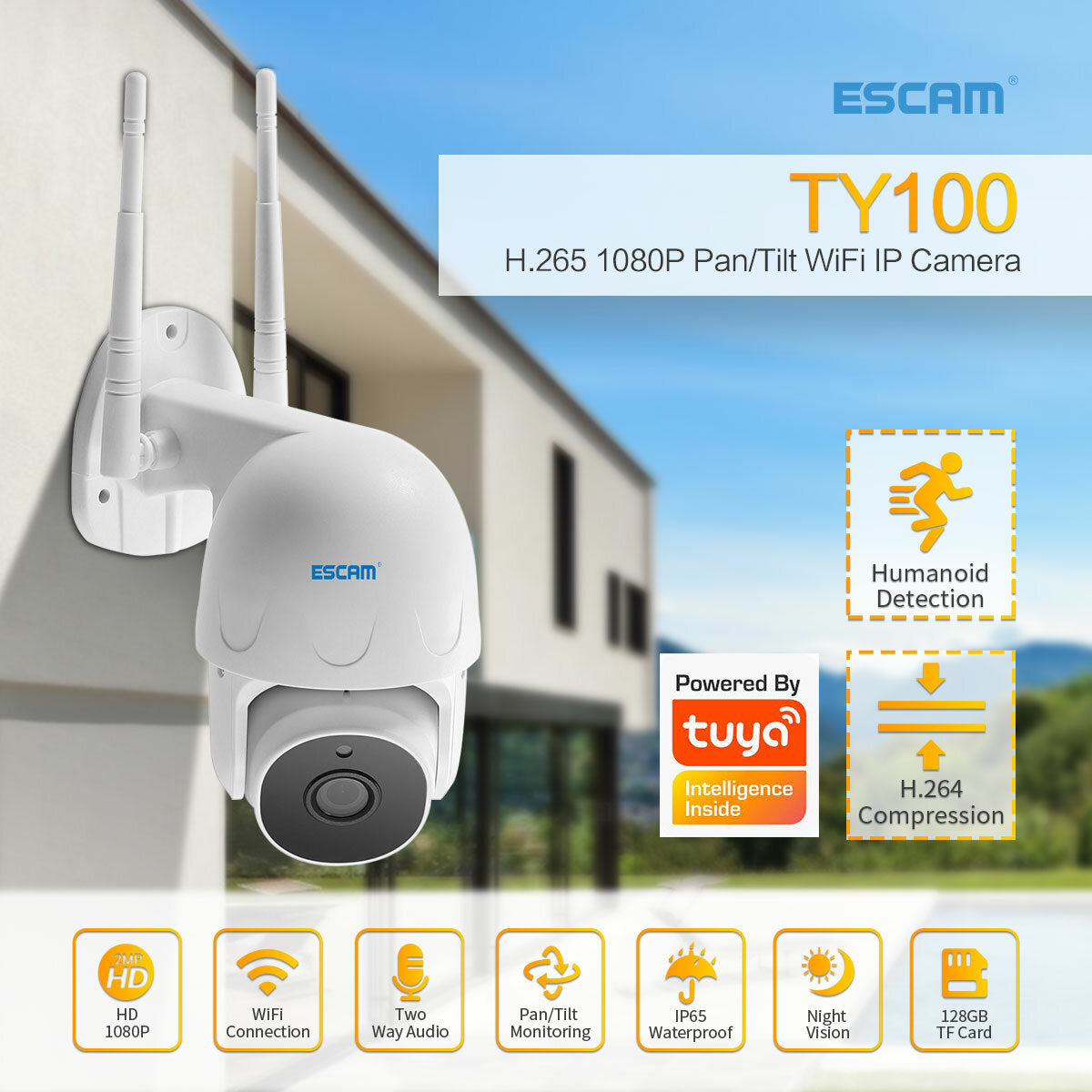 Escam Ty100 Tuya H.265 Wifi Ip Camera 1080p Pan/tilt Outdoor