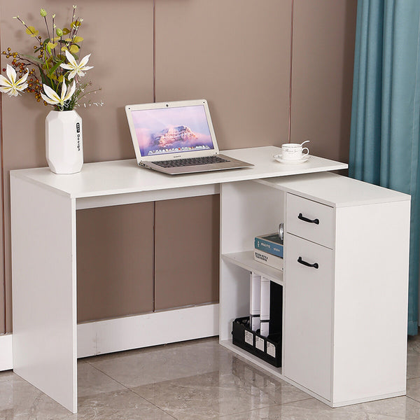 Hoffree Computer Desk Rotating Corner Computer Desk  With Drawers Shelf for Home Office Living Room 180 Degree Design