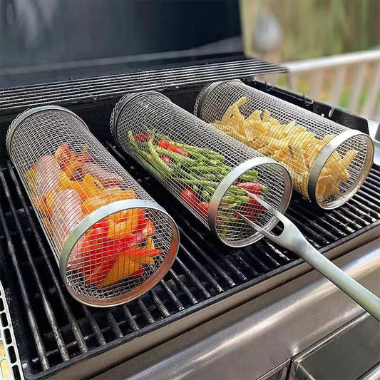 Rolling Bbq Grill Basket For Vegetables & Meat