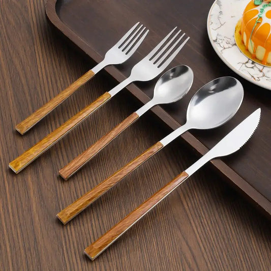 Stainless Steel Cutlery Set - Wooden Handle Knife Fork Spoon