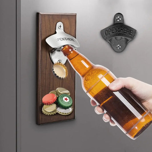 Wooden Wall Mounted Bottle Opener With Magnetic Catch