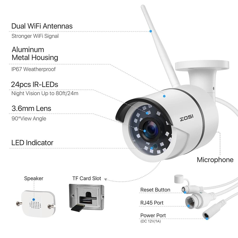 Zosi 2mp Hd 1080p Wifi Ip Camera Outdoor Waterproof Ip67