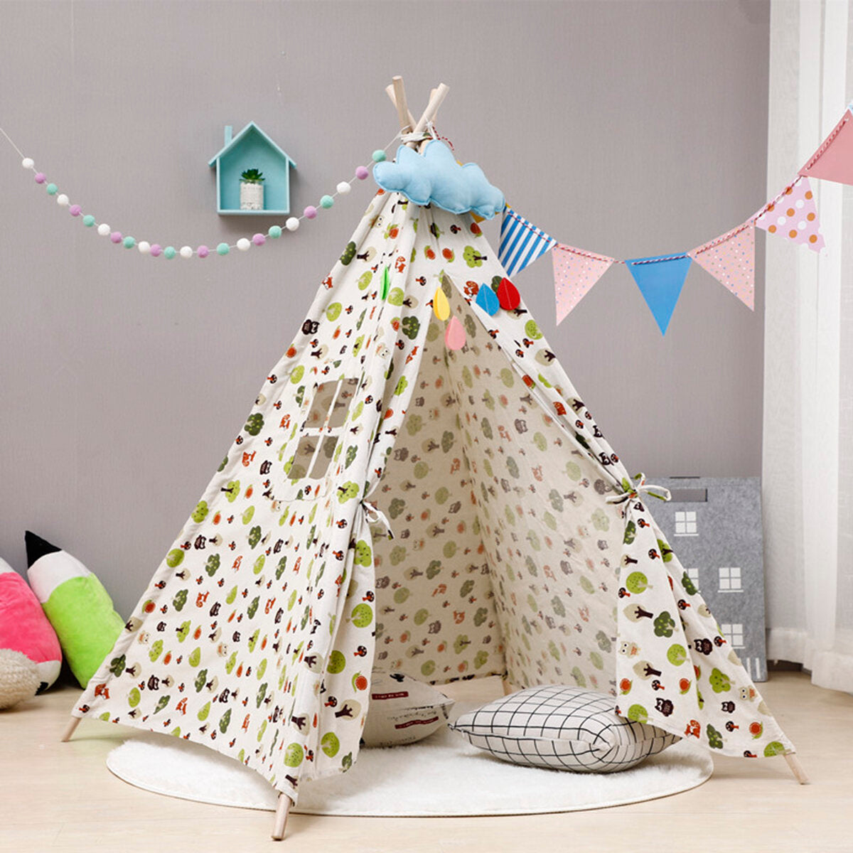 1.6M Large Teepee Tent Kids Cotton Canvas Pretend Play House Boy Girls Wigwam Gift