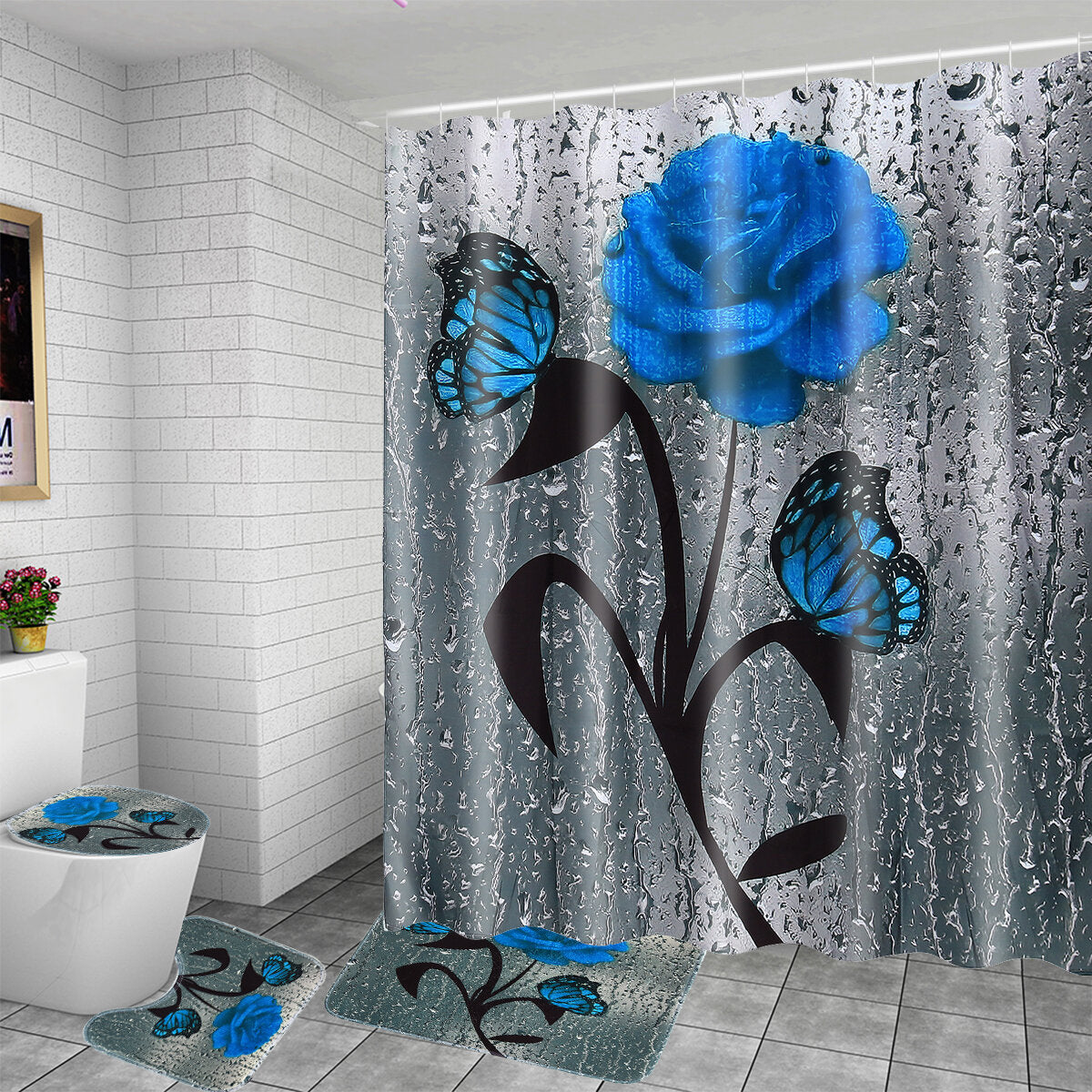 Bathroom Shower Curtain Waterproof Rings Hook Lid Toilet Cover Set 180x180CM