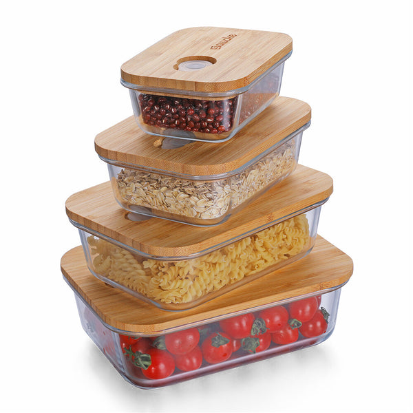 SAWAKE Food Glass Storage Set With Airtight Bamboo Lids Elastic Band Food Lunch Containers