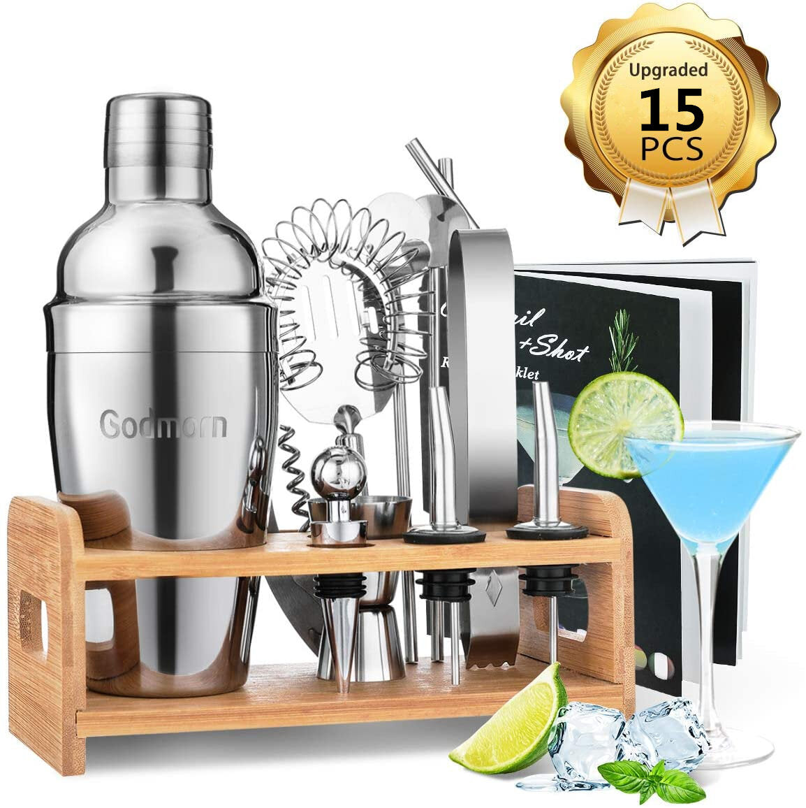 Cocktail Set Godmorn Stainless Steel Cocktail Shaker Set 14 Piece with Better Bamboo Stand