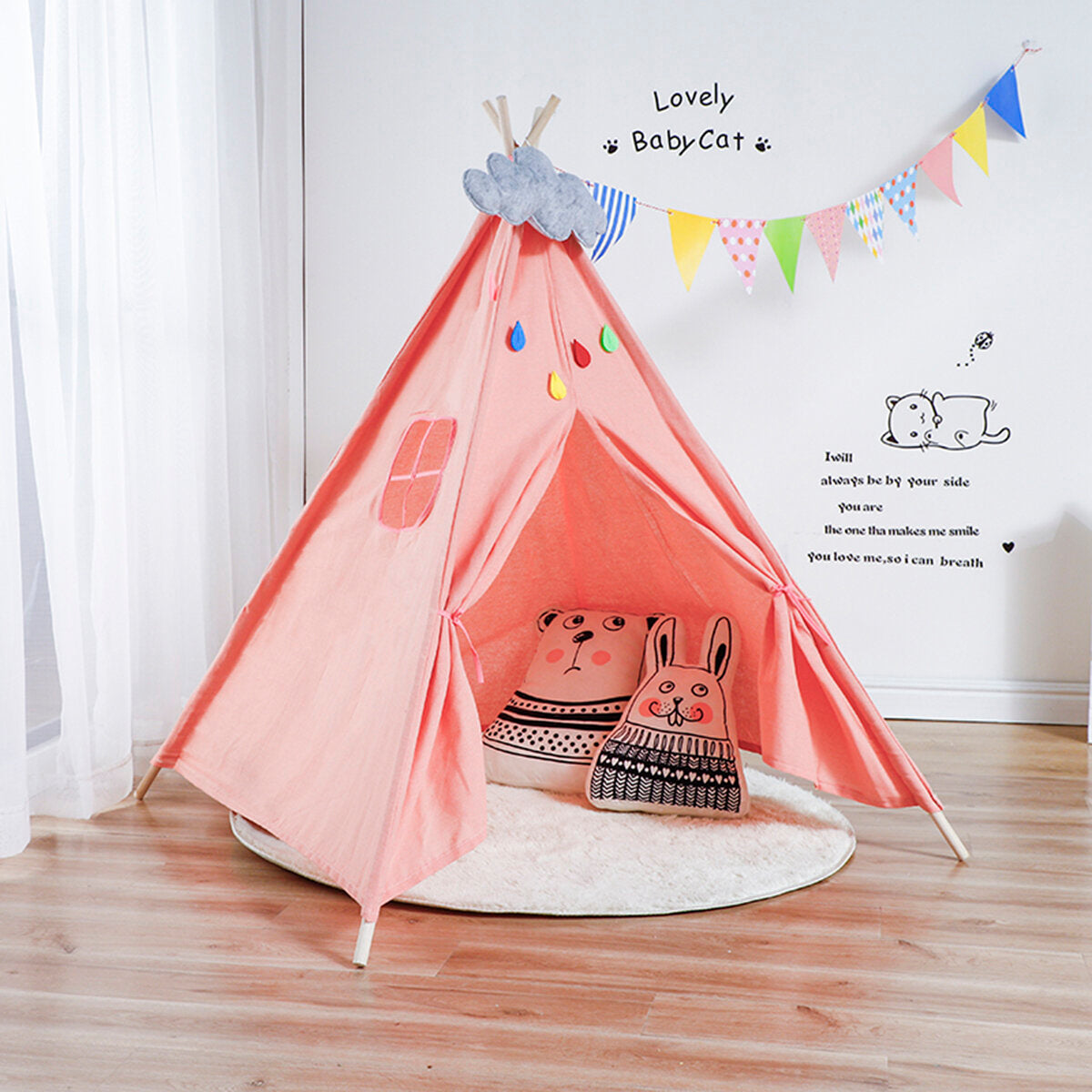 1.6M Large Teepee Tent Kids Cotton Canvas Pretend Play House Boy Girls Wigwam Gift