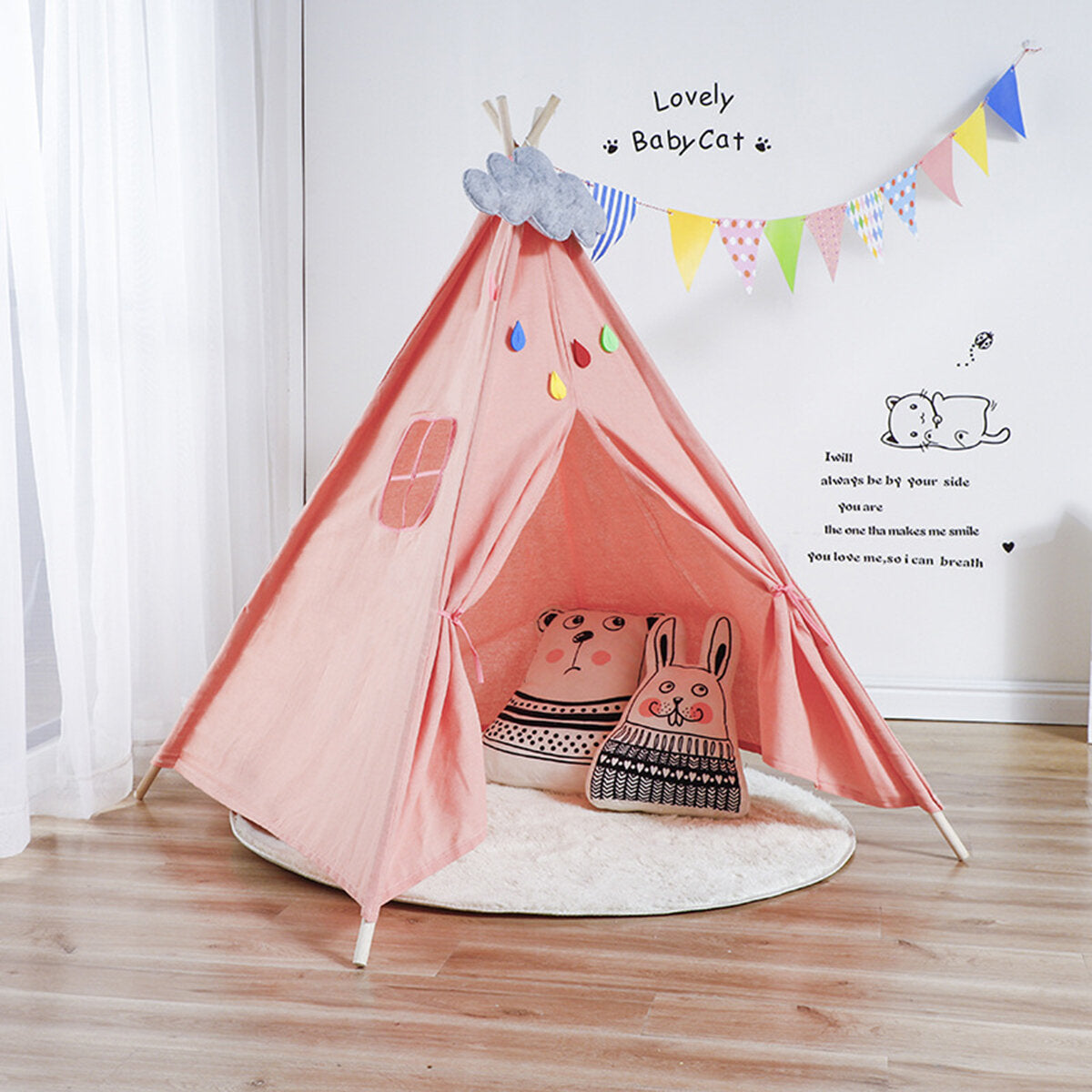 1.6M Large Teepee Tent Kids Cotton Canvas Pretend Play House Boy Girls Wigwam Gift