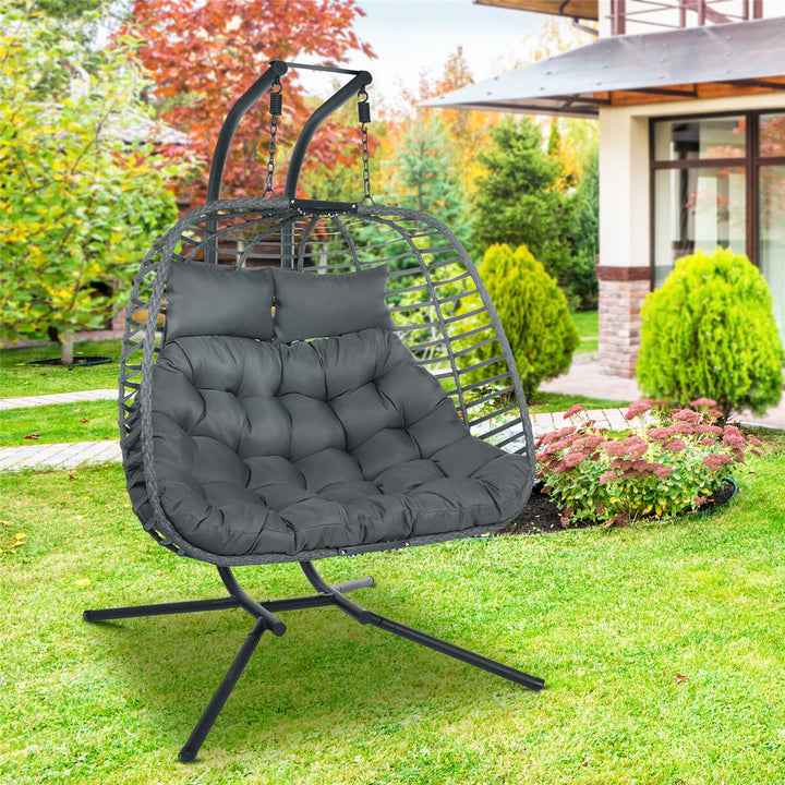 Outdoor Patio Hanging Chair Garden Egg Hammock Chair Double Person Swing Hanging Chair With Frame & Seat Cushion