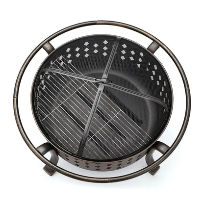 Kingso 36 Inch Fire Pit Bronze Round Steel Wood Burning Firepit with Porker Spark Screen