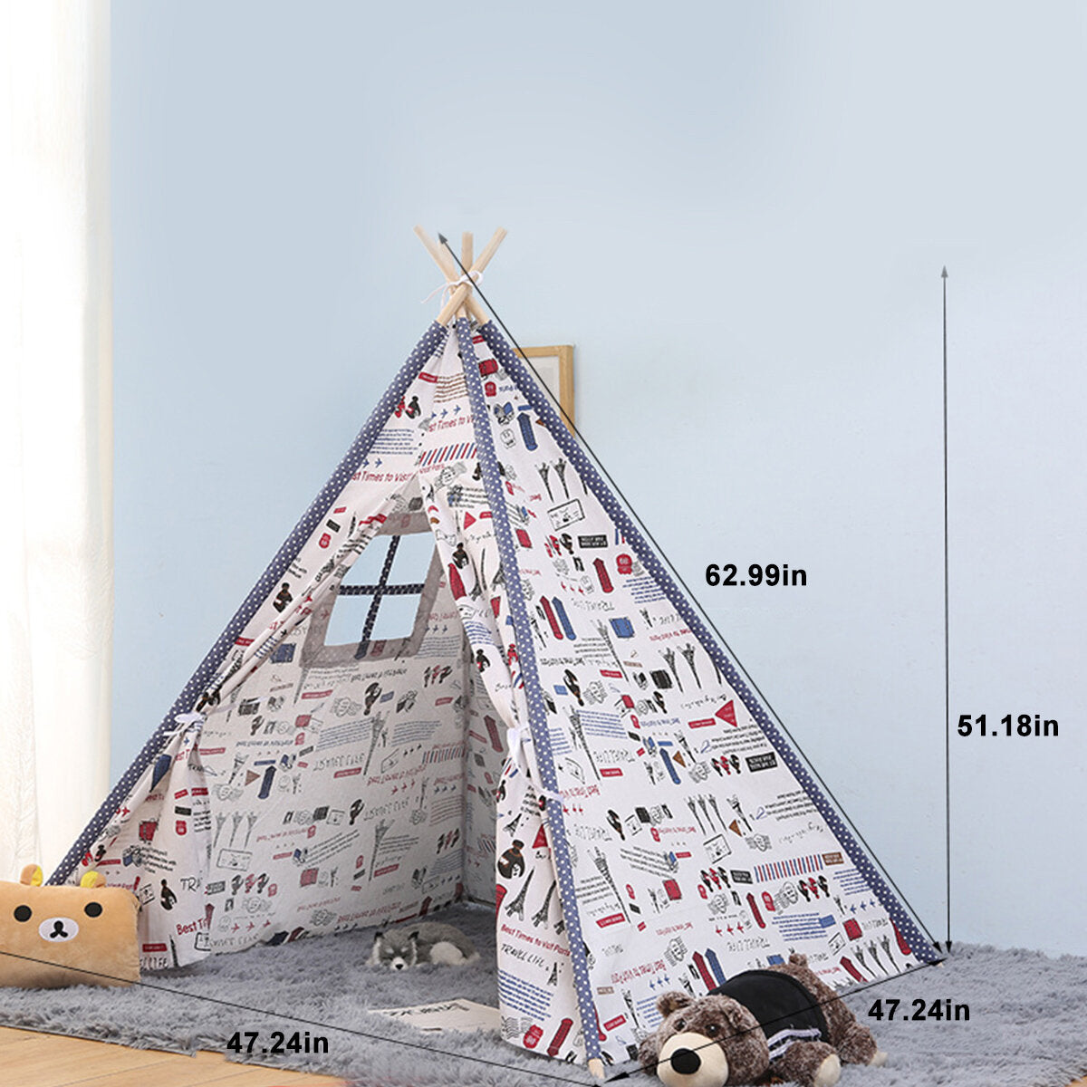 1.6M Large Teepee Tent Kids Cotton Canvas Pretend Play House Boy Girls Wigwam Gift