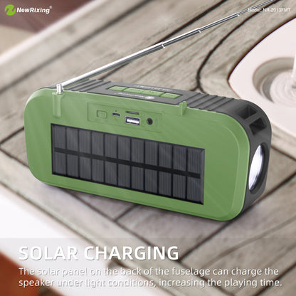 NewRixing NR-2013FMT Wireless bluetooth Speaker Stereo 6W FM Radio TF Card AUX-In Soundbar Solar Charging Flashlight Portable Outdoor Soundbox with Mic