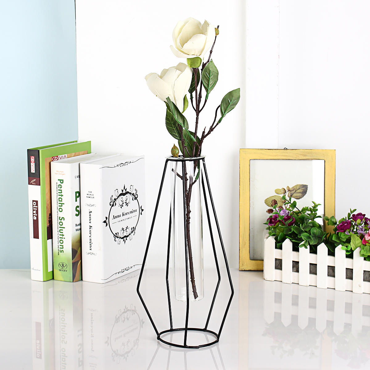 Flower Vase Holder Plant Display with Iron Stand and Glass Tube for Hydroponics Ornament Decorations in Different Size