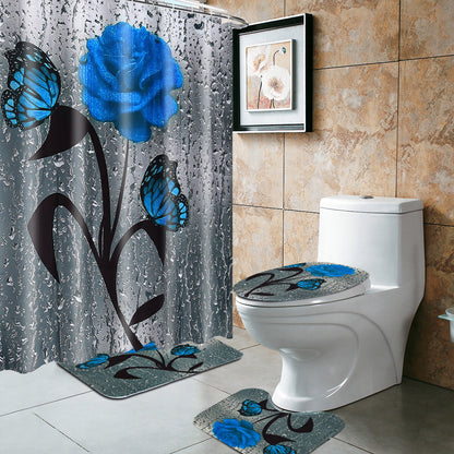 Bathroom Shower Curtain Waterproof Rings Hook Lid Toilet Cover Set 180x180CM