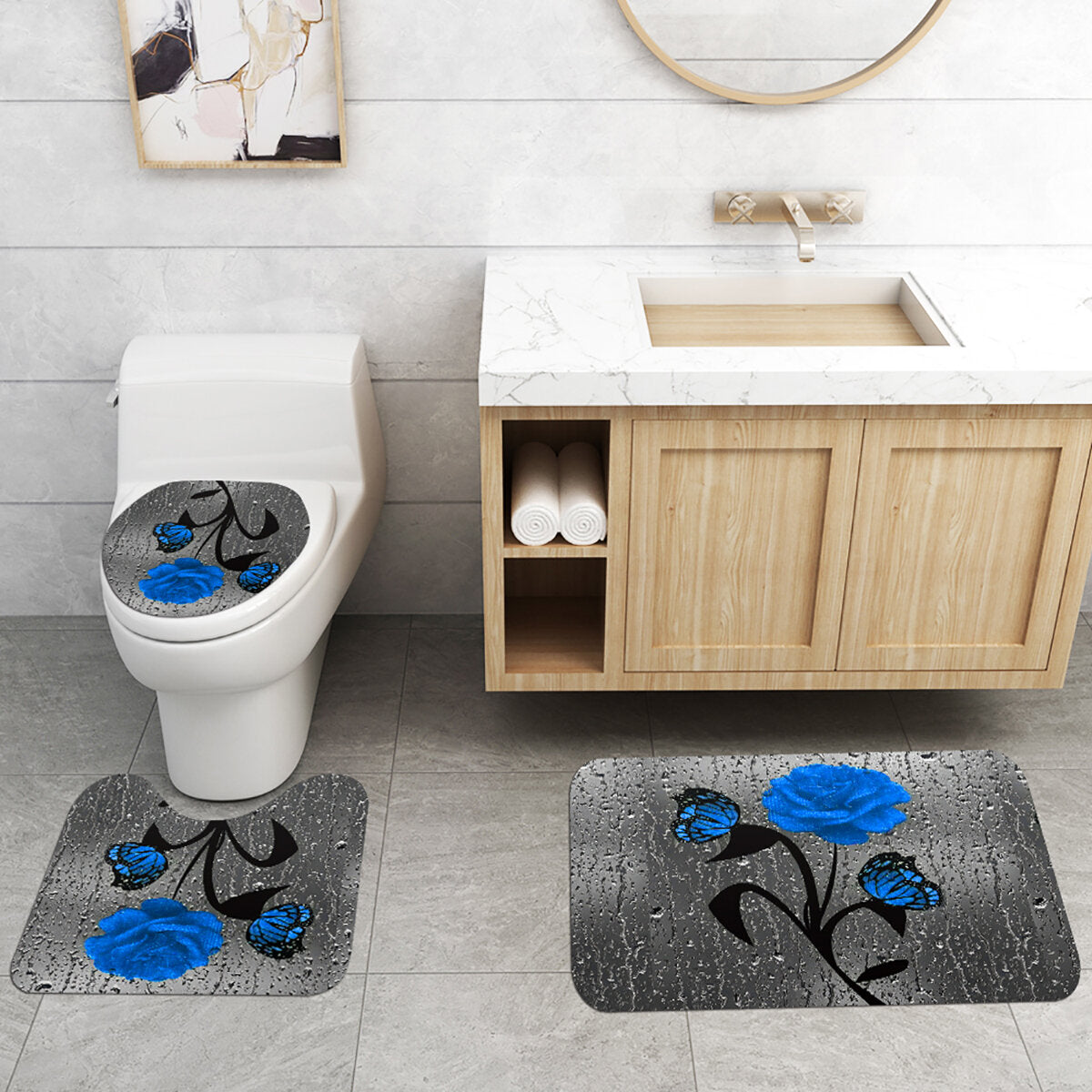 Bathroom Shower Curtain Waterproof Rings Hook Lid Toilet Cover Set 180x180CM
