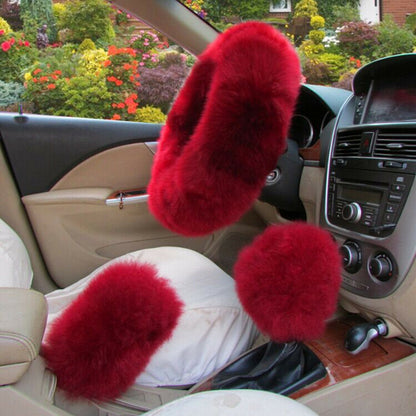 3Pcs Winter Furry Car Steering Wheel + Gear Knob Shifter Parking Brake Covers Set