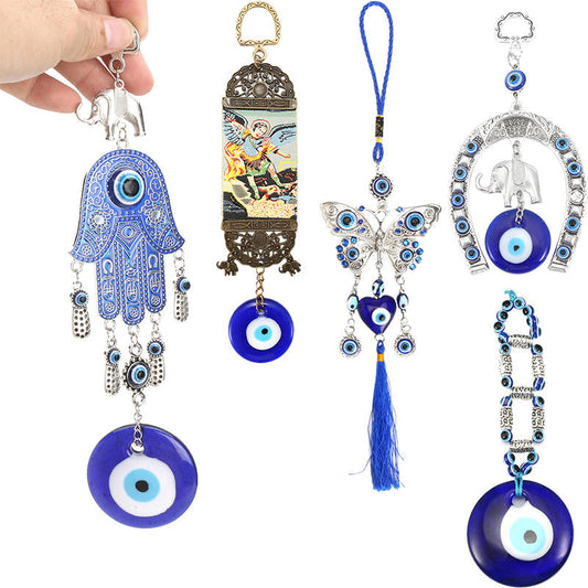 Turkish Blue Evil Eye Horseshoe with Elephant and Ribbon Wall Hanging Decorations