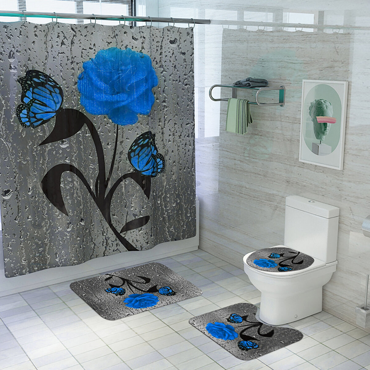 Bathroom Shower Curtain Waterproof Rings Hook Lid Toilet Cover Set 180x180CM