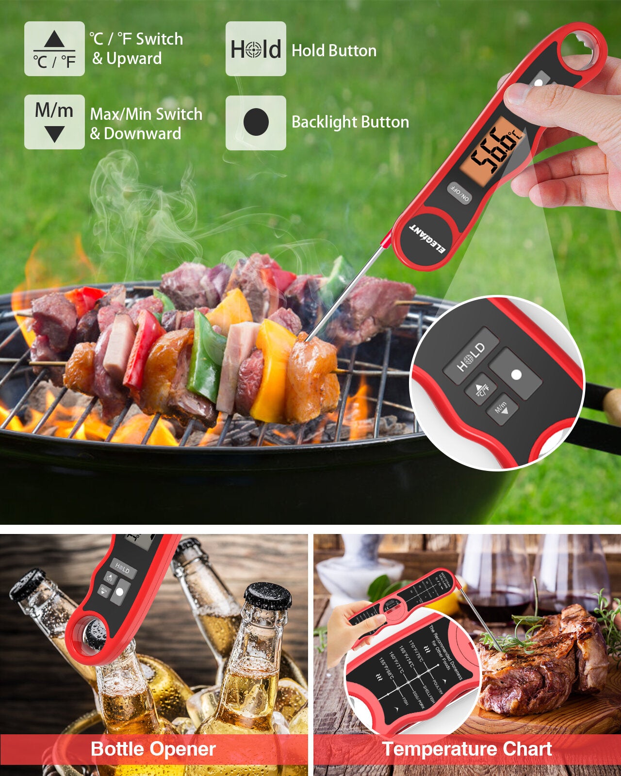 ELEGIANT Meat Thermometer Kitchen Cooking Thermometer Food Thermometer Digital Instant Read Thermometer Barbecue Thermometer Best for Meat Milk Turkey Oil Candy Grill BBQ