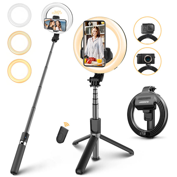 ELEGIANT EG-09 LED Ring Light Bluetooth Selfie Stick Tripod with Remote Control Beauty Fill Lamp for Gopro Action Camera DSLR Cameras Mobile Phone for Youtube Tiktok Live Broadcast