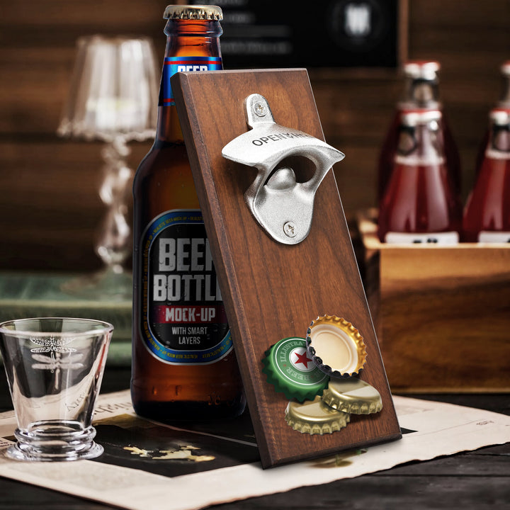 Wooden Bottle Opener Wall Mounted Magnetic Bottle Openers with Cap Catch