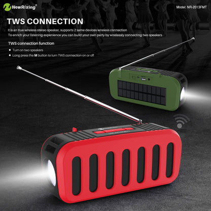 NewRixing NR-2013FMT Wireless bluetooth Speaker Stereo 6W FM Radio TF Card AUX-In Soundbar Solar Charging Flashlight Portable Outdoor Soundbox with Mic