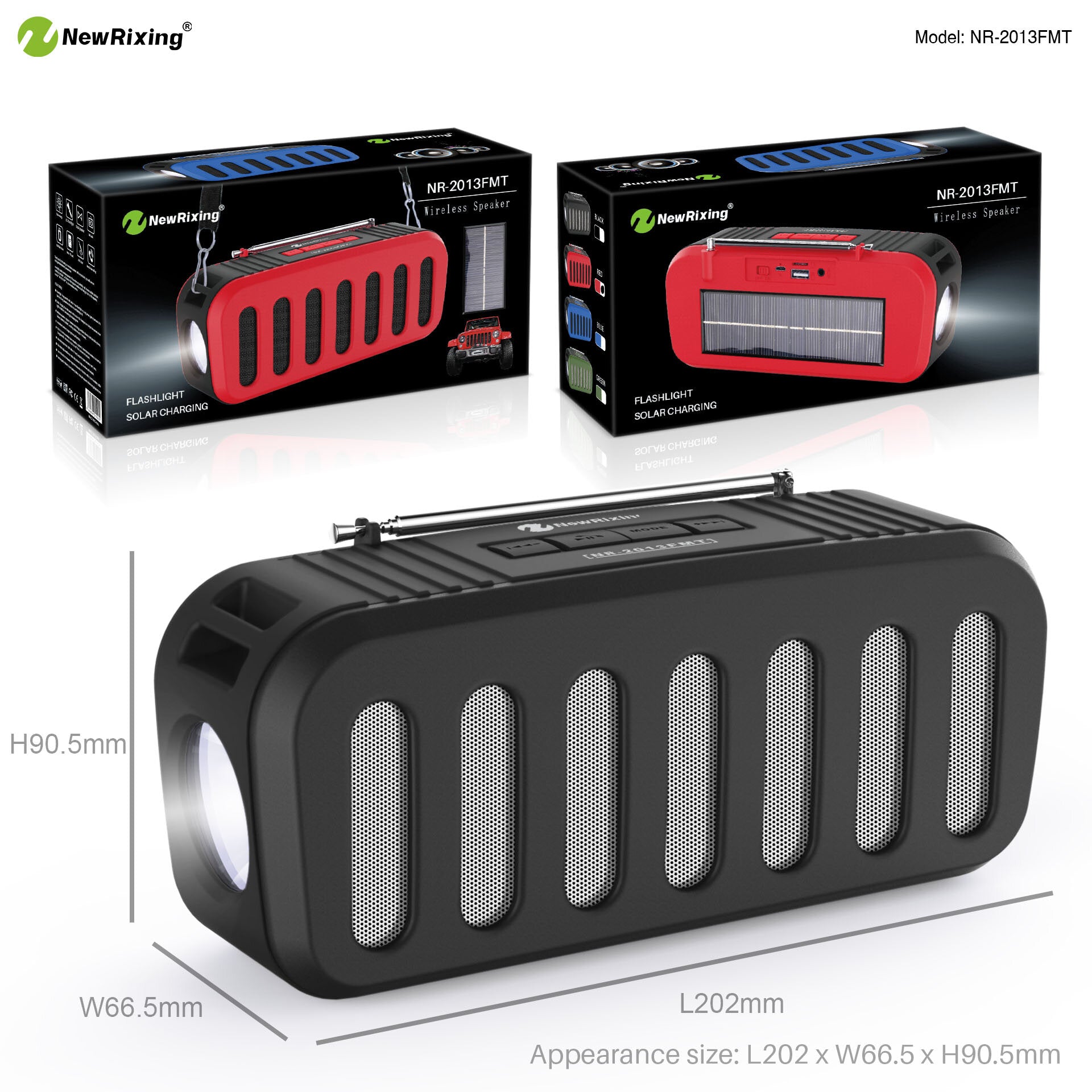 NewRixing NR-2013FMT Wireless bluetooth Speaker Stereo 6W FM Radio TF Card AUX-In Soundbar Solar Charging Flashlight Portable Outdoor Soundbox with Mic