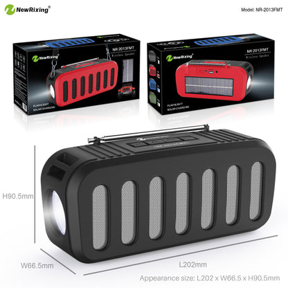 NewRixing NR-2013FMT Wireless bluetooth Speaker Stereo 6W FM Radio TF Card AUX-In Soundbar Solar Charging Flashlight Portable Outdoor Soundbox with Mic