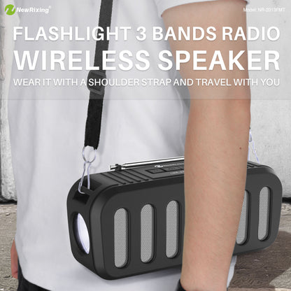 NewRixing NR-2013FMT Wireless bluetooth Speaker Stereo 6W FM Radio TF Card AUX-In Soundbar Solar Charging Flashlight Portable Outdoor Soundbox with Mic