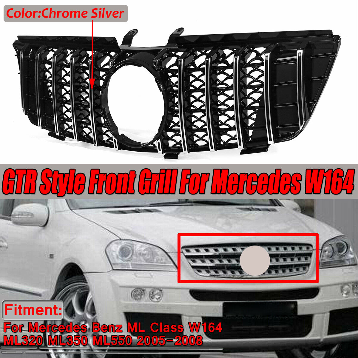 Chrome Silver GTR Style Front Grill Grille For Mercedes-Benz ML Class W164 ML320 ML350 ML550 2005-2008